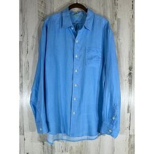 Tommy Bahama Relax Button Down Shirt Size Large 100% Linen Cerulean Blue Beachy